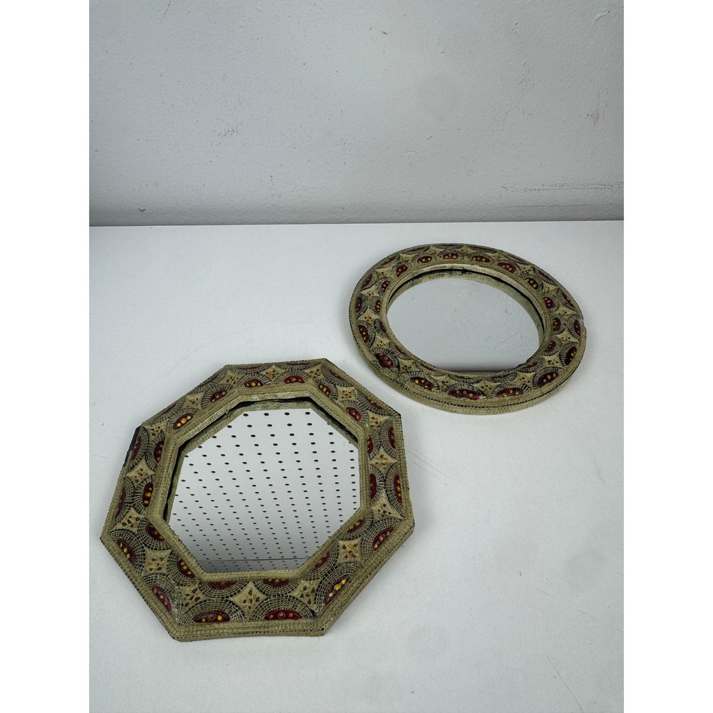 VTG Hand Painted Boho Mosaic Mini Wall Mirrors Textured Resin